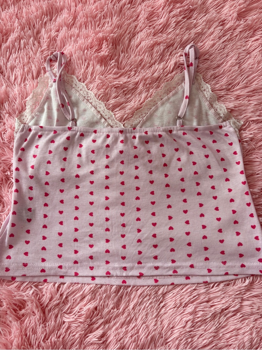 SHEIN Pink Cami with Red Heart Print and Lace Trim